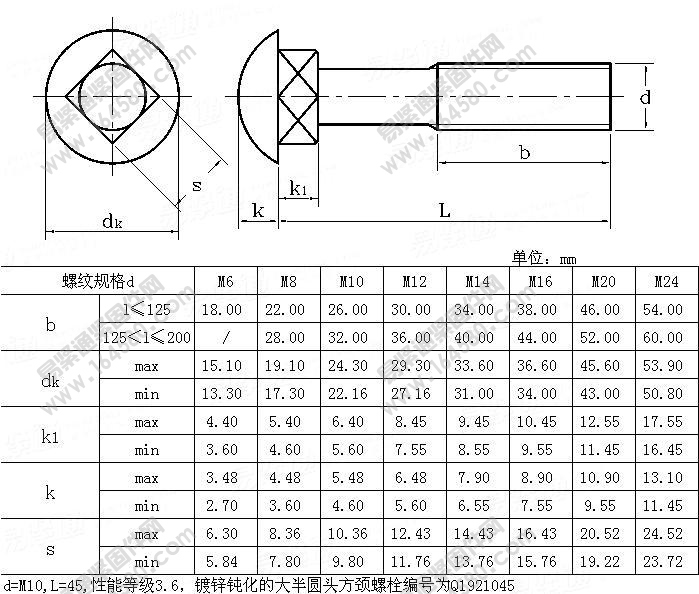 大半圆头方颈螺栓-QC192尺寸规格